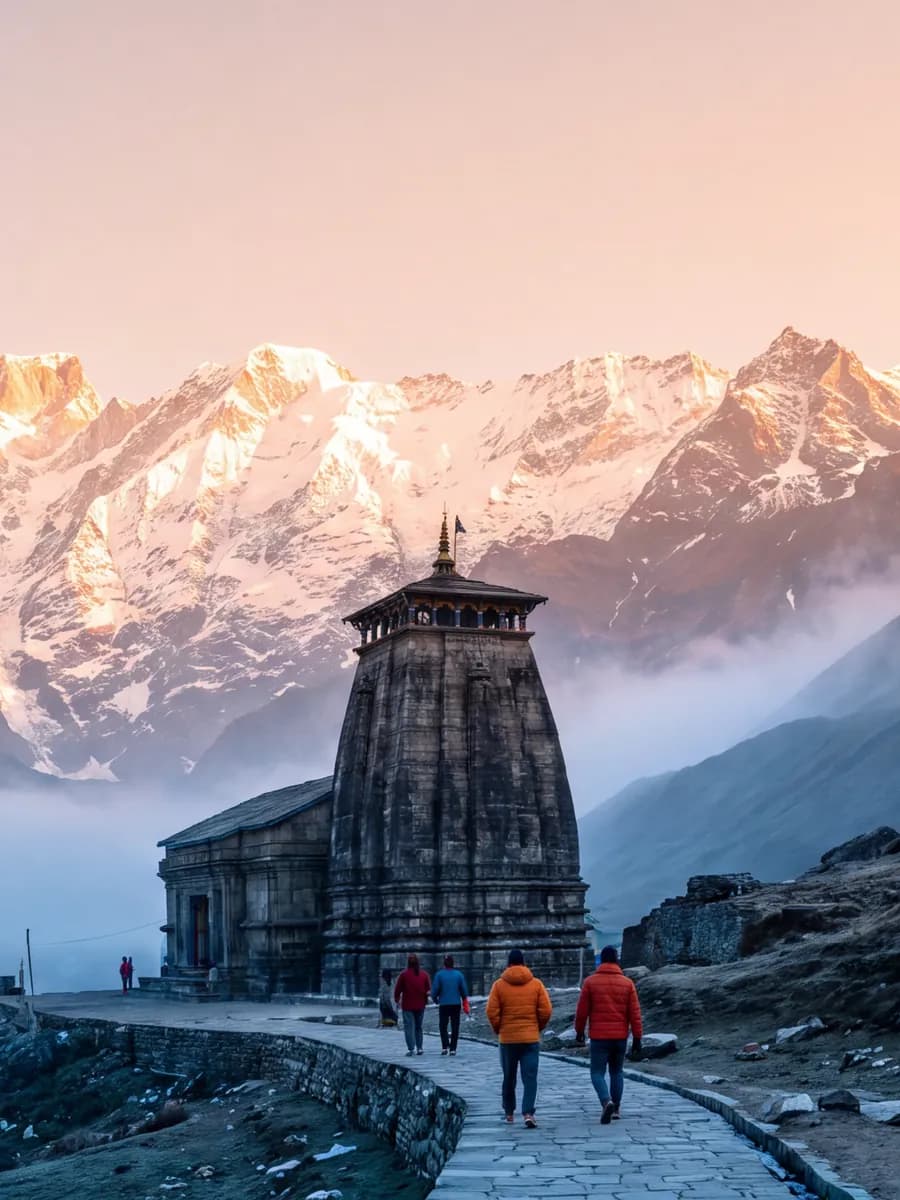 Kedarnath temple at sunrise below snow peaks