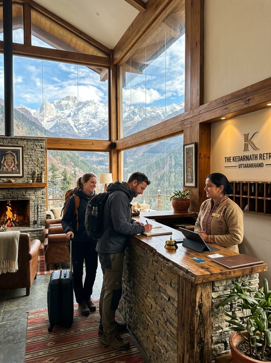 Himalayan lodge reception host assisting guests