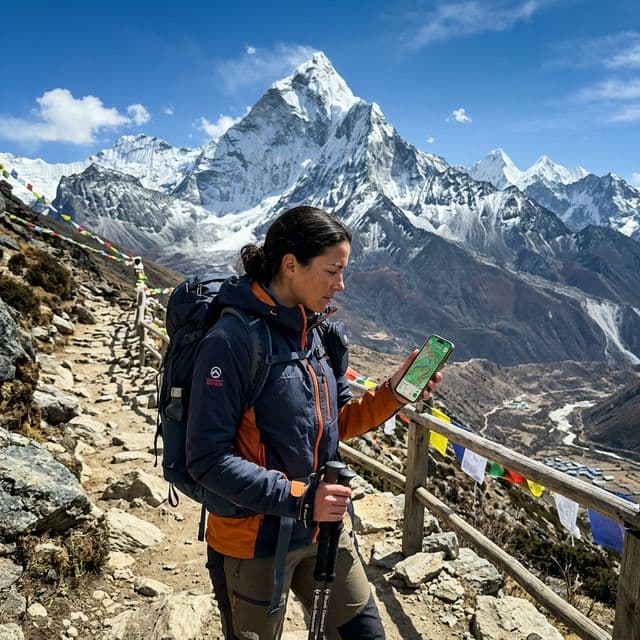 Modern pilgrim checking travel maps in the Himalayas